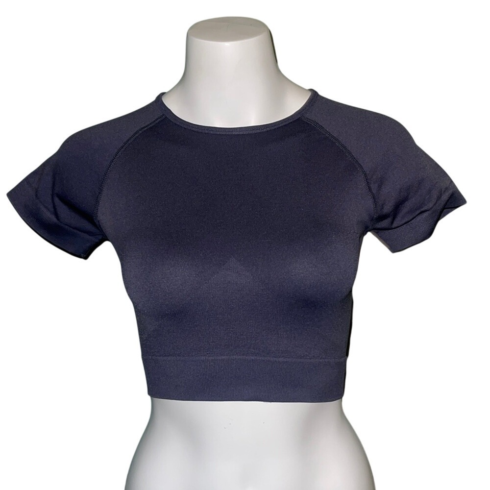 Seamless Short Sleeve Athletic‎ Crop Top Dark Gray Navy Yoga Gym Shirt